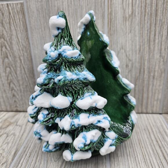 Vintage‎ Flocked Green Ceramic Christmas Tree Card Holder Napkin Holder - Picture 1 of 7